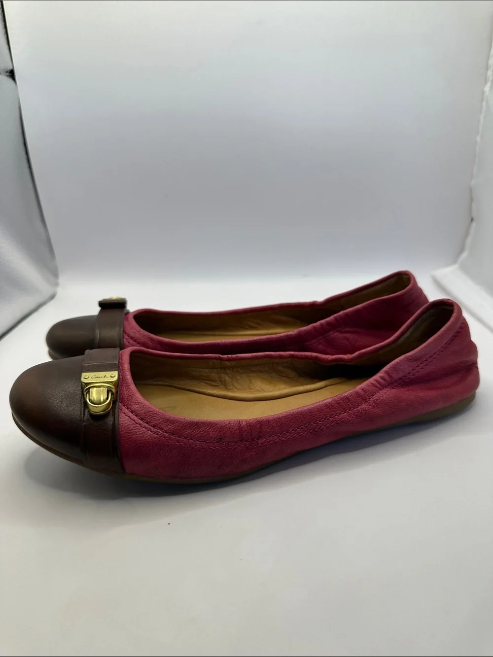 Coach Pink Fabric and Brown Leather Cap-Toe Ballet Flats with Gold Accent